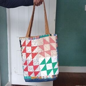 Quilted Patchwork Tote with Tan Handles